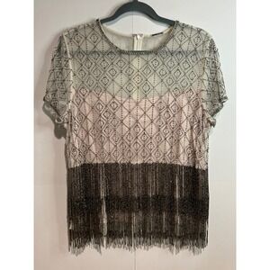 Elie Tahari Embellished Beaded Fringe Sheer Overlay Blouse Top Womens XL Brown